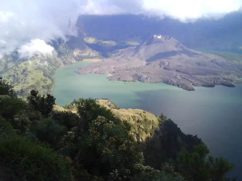 Segara Anak lake inside the Rinjani caldera, seen from the crater rim